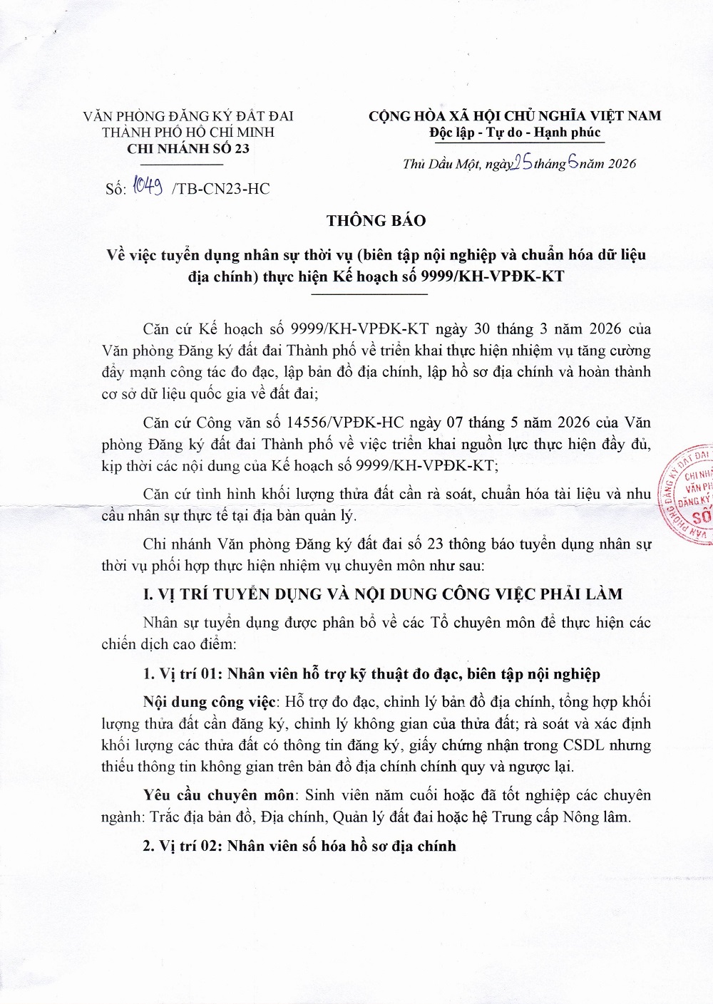 Thông báo tuyển dụng ngành Quản lý đất đai, Địa chính, Trắc địa bản đồ